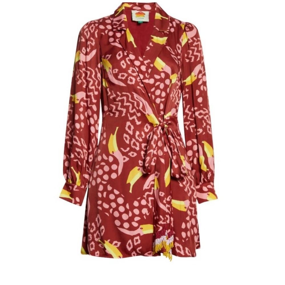FARM Rio Toucanissimo Mini Wrap Dress Burgundy Size S NWT $240